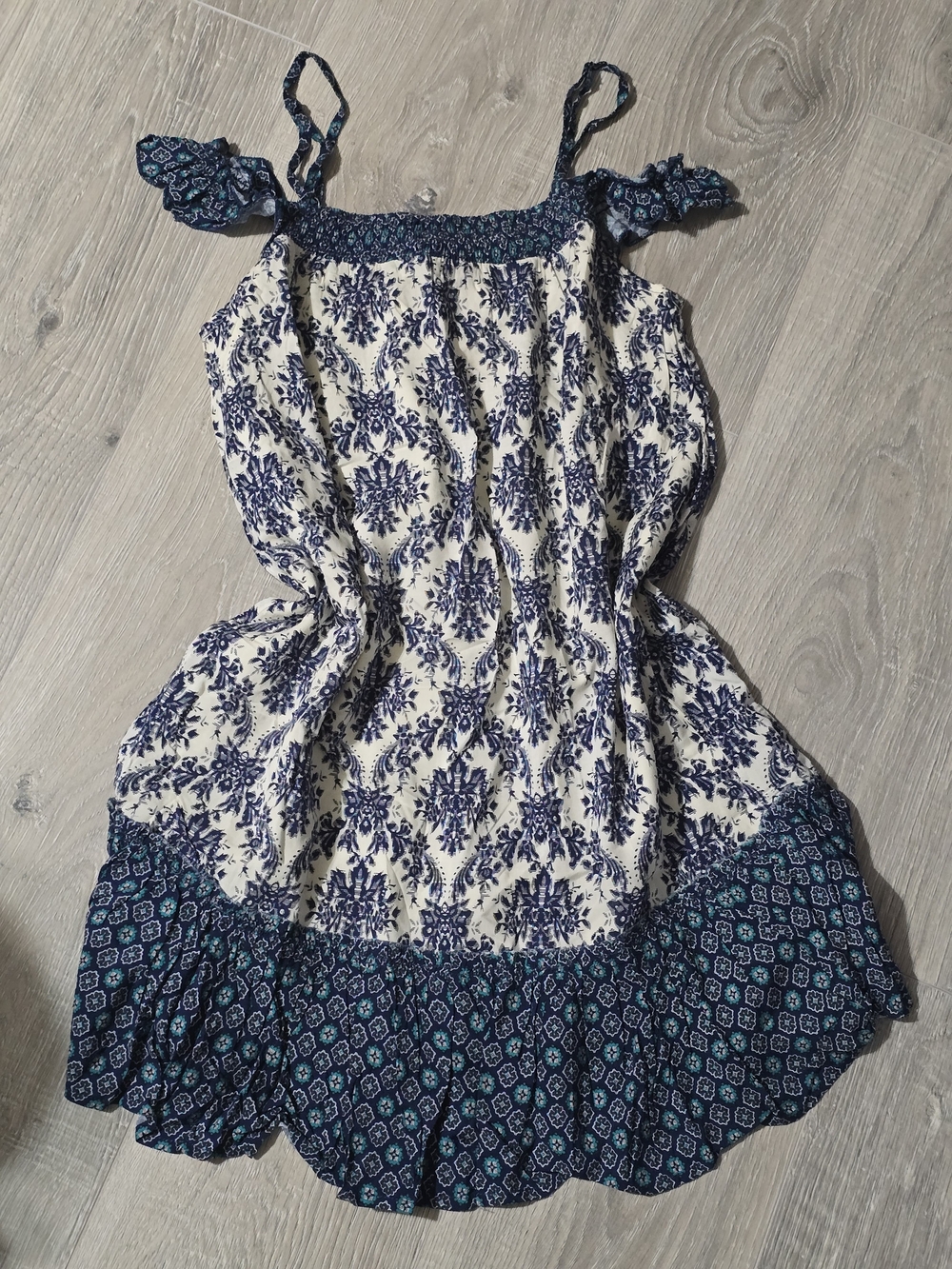 En Creme Navy & Cream Printed Midi Dress with Patterned Hem